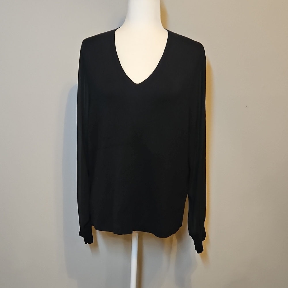 Talbots Black V-Neck Sweater Sheer Sleeves Business Casual